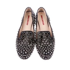 Prada Black Leather Crystal Embellishment Loafers Flats